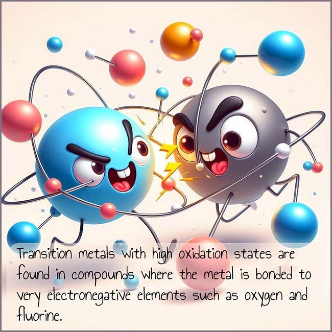 Image to show that transition metal with high oxidation states are bonded to very electronegative elements such as oxygen, nitrogen or fluorine